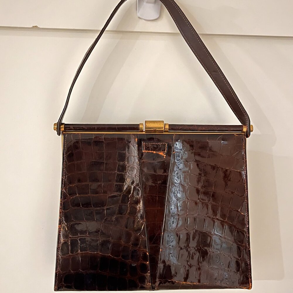 Deitsch Bros Vintage Alligator Skin Brown Top Handle Bag Gold-Tone Frame 1950s